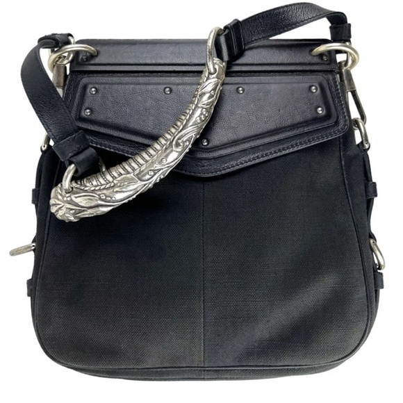 Yves Saint Laurent Handbags - Yves Saint Laurent YSL Mombasa Canvas Leather Handbag Silver Horn Handle Vintage